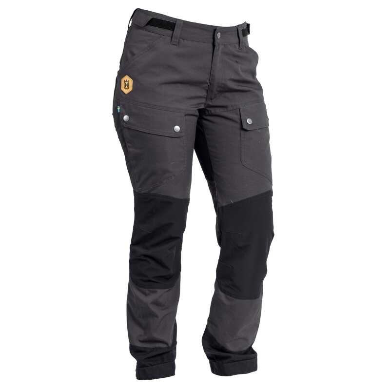Comfortable and durable women’s trousers for outdoor activity. The highly flexible 4-way stretch fabric on knees and rear offers great movability. The waist is adjustable to your fit with a hook and loop strap and the length of the legs can be adjusted with buttons. Your mobile phone is protected by a padded pocket while you find your way through the rugged terrain. Available in size XS to L and regular leg and short leg models. Colour: Charcoal black/Anthracite grey.